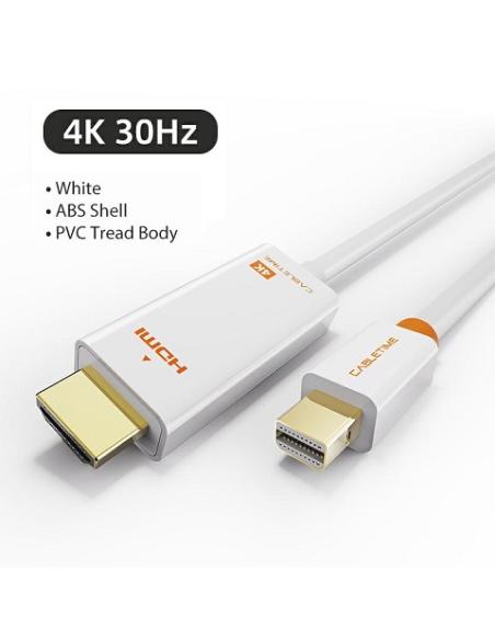 MACH POWER Mini Display Port to HDMI 4k/30Hz Cable, Gold Plated,White, 1.8m