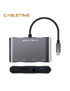 MACH POWER 4-in-1 USB-C To HDMI+RJ45+USB3.0+USB-C, Multiport HUB,Black,0.15m