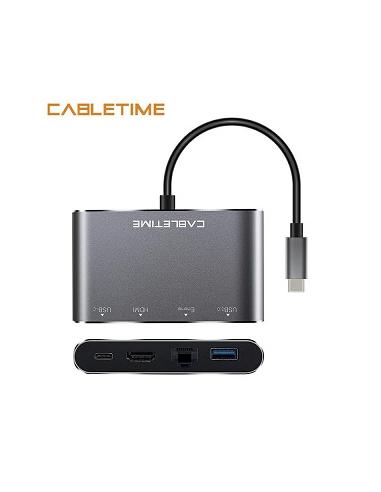 MACH POWER 4-in-1 USB-C To HDMI+RJ45+USB3.0+USB-C, Multiport HUB,Black,0.15m