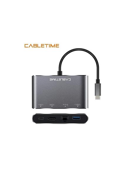 MACH POWER 4-in-1 USB-C To HDMI+RJ45+USB3.0+USB-C, Multiport HUB,Black,0.15m